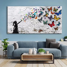 Carica l'immagine nel visualizzatore di Gallery, Dipinto su Tela di Banksy con Ragazza Farfalla, Poster e Stampe d'Arte Murale, Stampa Artistica Moderna Colorata in Stil