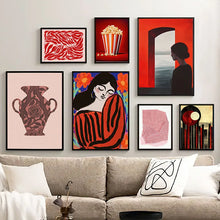Carica l'immagine nel visualizzatore di Gallery, Quadro su tela con motivo di foglie e vasi, decorato con strisce rosse, ideale come poster e stampa astratta per hotel, 