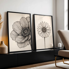 Carica l'immagine nel visualizzatore di Gallery, Stampa astratta neutra con motivi floreali a linee, stampa minimalista moderna con motivi floreali a linee in bianco e b