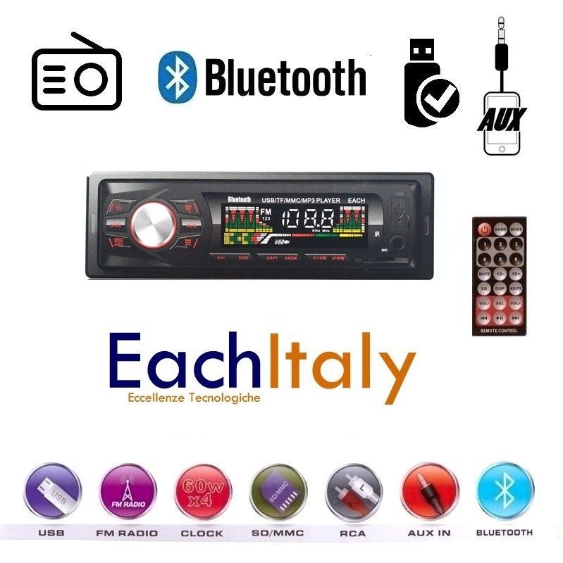 STEREO AUTO BLUETOOTH AUTORADIO VIVAVOCE RADIO FM MP3 USB AUX SD CARD 250w 1din