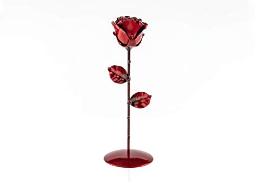 Rosa Eterna fatta di Ferro Battuto Rosso con piedistallo - Forgiata a Mano - Ilgrandebazar