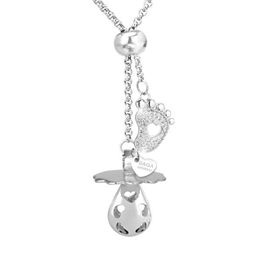 SAGA GIOIELLI® Collana Chiama Angeli Per Gravidanza – Lunghezza Regolabile 100 Cm, Con Ciondolo Ciuccio E Charm Bambino, Acciaio Inox, Made In Italy