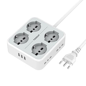 TESSAN Ciabatta Multipresa con USB, Multipresa Elettrica con 4 Schuko e 4 Bivalenti 10A/16A, Ciabatta Multipresa con 3 USB e Interruttore Bipolare, Multipresa con Cavo 2M e Spina 16A, 3680W