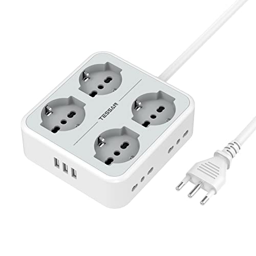 TESSAN Ciabatta Multipresa con USB, Multipresa Elettrica con 4 Schuko e 4 Bivalenti 10A/16A, Ciabatta Multipresa con 3 USB e Interruttore Bipolare, Multipresa con Cavo 2M e Spina 16A, 3680W