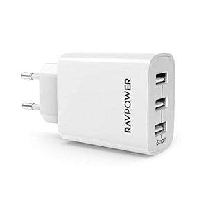 RAVPOWER Caricatore USB da Muro a 3 Porte (30W, 5V/6A), con Output Bianco