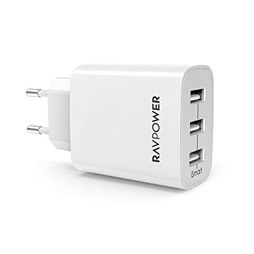RAVPOWER Caricatore USB da Muro a 3 Porte (30W, 5V/6A), con Output Bianco