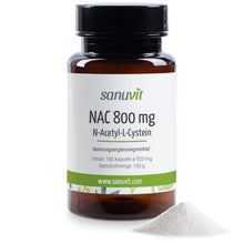 Carica l&#39;immagine nel visualizzatore di Gallery, Sanuvit® - NAC 800 mg per capsula, 180 capsule, dosaggio elevato, N-acetil-L-cisteina, elevata biodisponibilità e compatibilità, vegano, prodotto in Austria