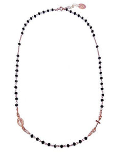 Rosario Collana Girocollo In Argento 925 Rosa Con Perline Nere - Croce E... - Ilgrandebazar
