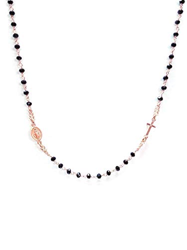 Rosario Collana Girocollo In Argento 925 Rosa Con Perline Nere - Croce E... - Ilgrandebazar
