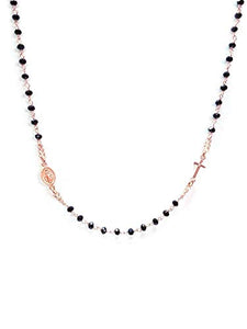 Rosario Collana Girocollo In Argento 925 Rosa Con Perline Nere - Croce E... - Ilgrandebazar