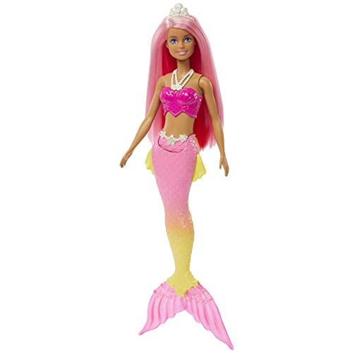 Barbie - Dreamtopia Sirena Bambola capelli rosa con coda rosa e giallo sfumati e coroncina, Giocattolo per Bambini 3+ Anni, HGR11