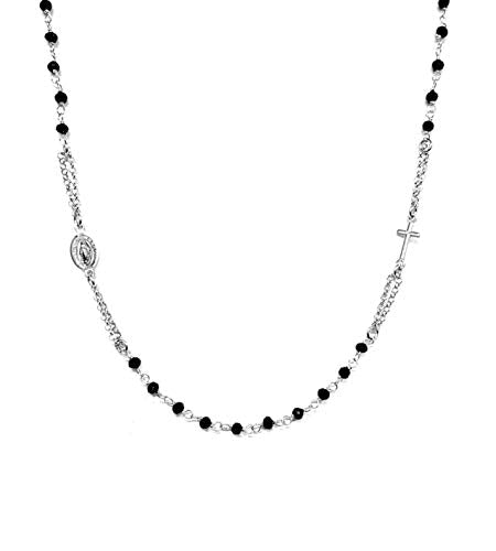 Rosario Collana Girocollo In Argento 925 Rodiato Con Perline Nere - Croce E... - Ilgrandebazar