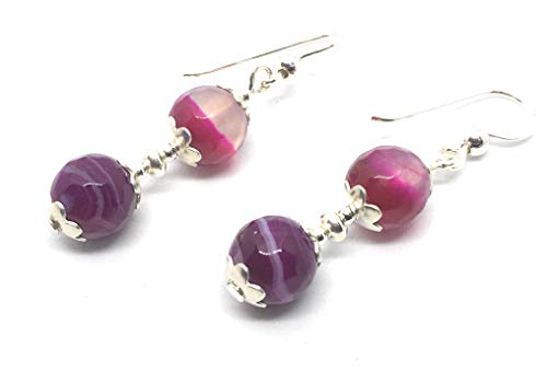 Orecchini in argento e agata rosa venata, pallina sfaccettata di 8 mm