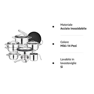 Velaze, Miki, 14 Pezzi, Set di Pentole Induzione da Cucina, Batteria Pentole Chef Casseruola in Acciaio Inox Cromato Coperchio in Vetro Temperato Padelle Antiaderente per Piastre a Induzione Argento