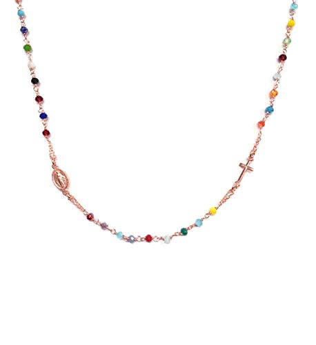 Collana Rosario In Argento 925 Con Perline Colorate – Unisex, 47 Cm, Fatto A Mano Made In Italy – Oro Rosa, Oro, Argento
