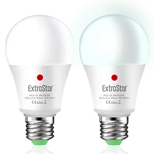 EXTRASTAR Lampadina Con Sensore, E27 Lampadine LED con Sensore Crepuscolare da Esterno, Auto On/Off, 9W bianco freddo 6500K per Veranda Giardino Porta d'ingresso Corridoio 2 pezzis