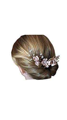 Spilla per capelli rosa con foglie e perle - Ilgrandebazar