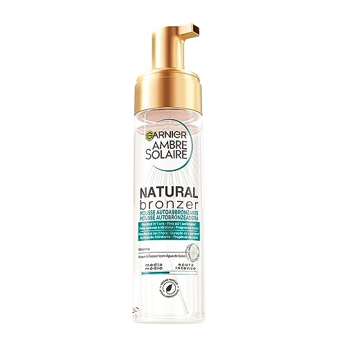 Garnier Ambre Solaire Mousse Autoabbronzante Natural Bronzer, Viso e Corpo, Per un'Abbronzatura Naturale fino ad Una Settimana, Formula Vegana Arricchita con Acqua di Cocco Idratante, 200 ml