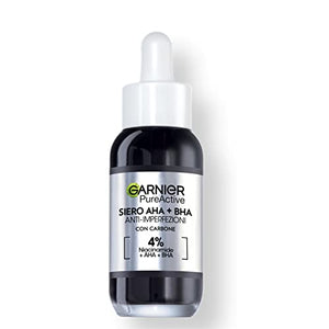Garnier Siero Anti-imperfezioni, Per Pelle Grassa, Impura e Mista,Contrasta Punti Neri e Brufoli, Formula Vegana* con 4% [Niacinamide + AHA + BHA], Siero Pure Active AHA+BHA con Carbone, 30 ml
