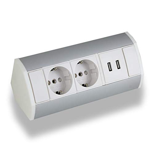 Pratica presa angolare 2x Schuko USB, alluminio, per cucina, bagno,...