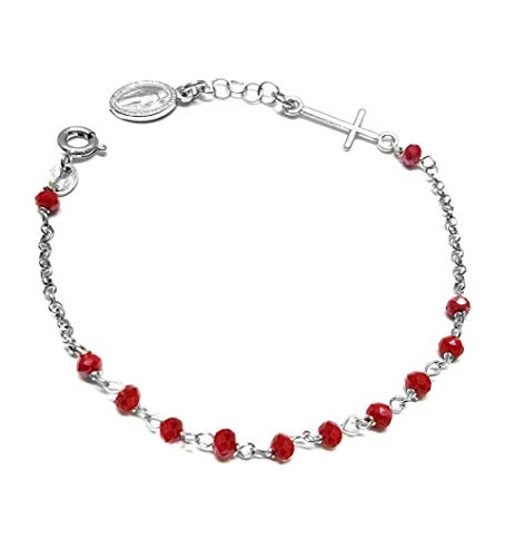 Bracciale Rosario In Argento 925 E Pietre ROSSE - Con Croce E Madonna -... - Ilgrandebazar