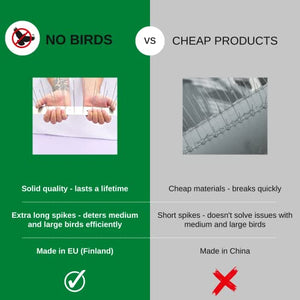 NO Birds | Dissuasori per Piccioni | Barriera Anti Uccelli per Balcone Terrazza Finestra | Spuntoni Extra Lunge | Acciaio Inossidabile e Alluminio | 4 pezzi | Lunghezza Totale 1,09 Metri