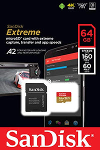 Sandisk Extreme Scheda di Memoria Microsdxc da 64 GB e Adattatore SD con App Performance A2 e Rescue Pro Deluxe, Fino a 160 MB/Sec, Classe 10, Uhs-I, U3, V30