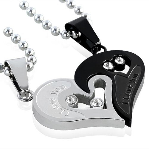 Zysta Collana Set Pendente a Forma di Cuore Diviso Spezzato in Due Nero