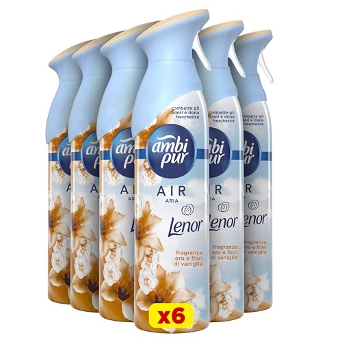 Ambi Pur Air Profumatori per Ambienti Spray, 6 Deodoranti Spray da 300ml, Fragranza Oro e Fiori di Vaniglia, Deodorante Ambiente con Tecnologia Elimina Odori, Contiene Gas 100% Natuale