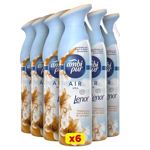 Ambi Pur Air Profumatori per Ambienti Spray, 6 Deodoranti Spray da 300ml, Fragranza Oro e Fiori di Vaniglia, Deodorante Ambiente con Tecnologia Elimina Odori, Contiene Gas 100% Natuale