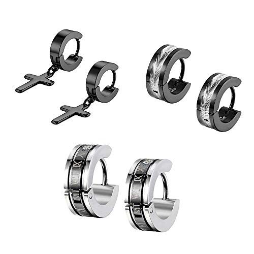 Flongo orecchini uomo in acciaio romatico lettering schema cerchio 3 Paia - Ilgrandebazar