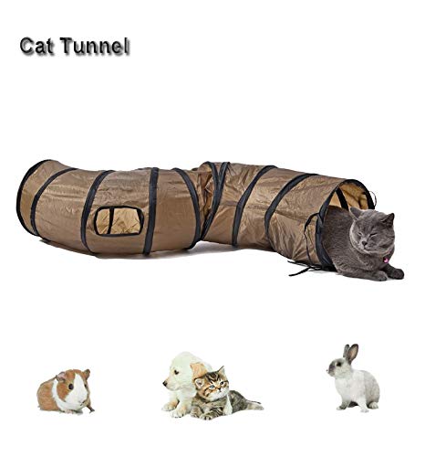 Tunnel per gatti leggero e pieghevole, a 5 vie, con pompon e S-shape, Marrone