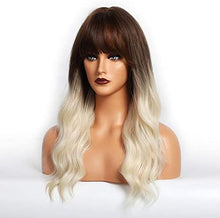 Carica l'immagine nel visualizzatore di Gallery, HAIRCUBE Parrucche lunghe ricci per donna Ombre Parrucca da marrone scuro a bianca con frangia Parrucche sintetiche dall'aspetto naturale per feste o uso quotidiano