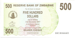 500 dollar collezione di banconote / Banca centrale dello Zimbabwe 2006-2007... - Ilgrandebazar