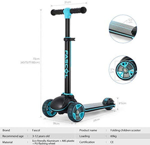 Fascol Monopattino 3 Ruote per Bambino Scooter Pieghevole con Altezza Blu