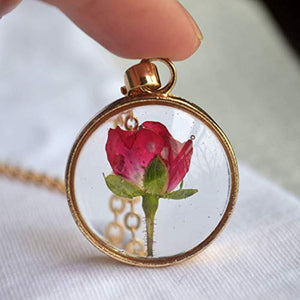 Rosso Rosa Vero Fiori Trasparente Bicchiere Pendente Catena Placcato Oro 18k... - Ilgrandebazar
