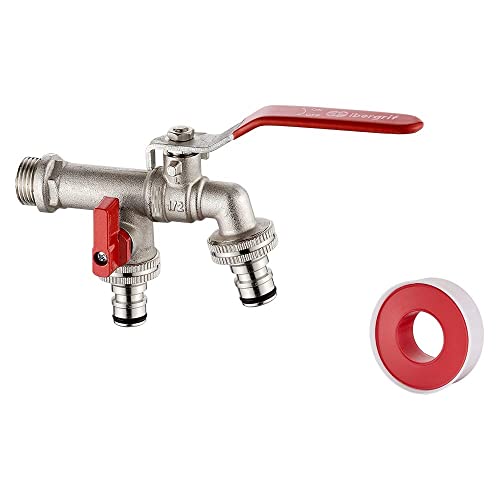 Ibergrif M22203 Rubinetto Giardino Doppio con Connettore, antigelo -10℃, alta Temperatura 120℃, centralina di irrigazione a 2 vie, Rubinetto esterno, ottone, ingresso acqua G1/2