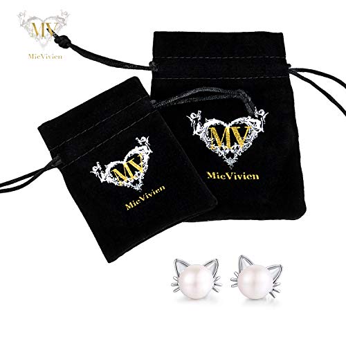 Orecchini Gatto In Argento 925 Con Perla D'Acqua Dolce E Zirconi. Gioielli Eleganti E Ipoallergenici Per Amanti Dei Gatti.