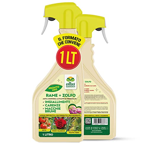 Albagarden - Rame + Zolfo Spray 1 Litro - Concime Effetto Fungicida Piante Contro Le Malattie - Per Ingiallimenti, Carenze, Macchie Brune, Oidio, Peronospora - Per Orto Giardino E Piante Verdi