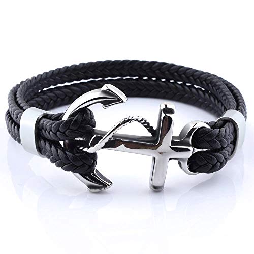 PLANETYS - Bracciale Ancora in Vera Pelle intrecciato Nero Acciaio...