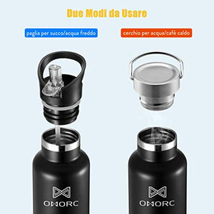 OMORC Bottiglia Acqua in Acciaio Inox 1000ML/600ML,Borraccia 1000ML, Nero