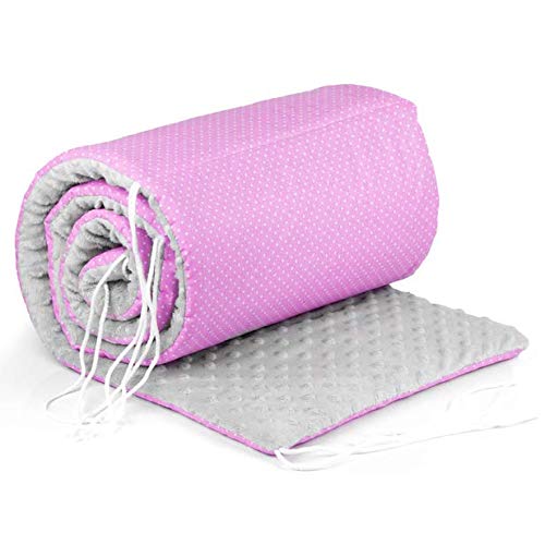 Paracolpi lettino 4 lati 420 x 30 cm, Rosa bianco COTONE + MINKY grigio