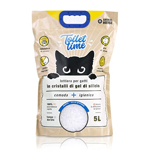 Animal House Toilet Time - Lettiera in Cristalli di Silicio per Gatti - Antistatica e Sicura - Priva di Polvere - Ultra Assorbente - Trattiene gli Odori (Neutro, 5L)