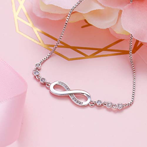 Bracciale Infinity In Argento 925 Con Zirconia Cubica – Placcato Oro Bianco – Regolabile, Per Donna