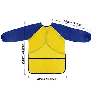 Natuce 2 Pezzi Grembiule da Pittura Bambini, Grembiulino Impermeabile Scuola Maniche Lunghe con 3 Tasche per Bambini 3-7 Anni, Grembiule da Gioco - Pittura, Cucina, Scuola, casa (Giallo + Blu)