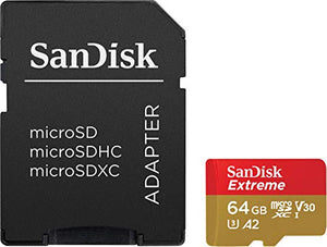 Sandisk Extreme Scheda di Memoria Microsdxc da 64 GB e Adattatore SD con App Performance A2 e Rescue Pro Deluxe, Fino a 160 MB/Sec, Classe 10, Uhs-I, U3, V30