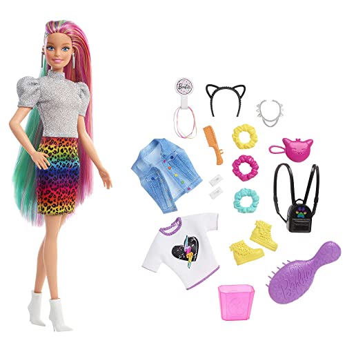 Barbie - Bambola Capelli Multicolor con Funzione Cambia Colore, Include Cerchietto e Borsa a Forma di Gatto e Accessori a Tema Leopardo, Giocattolo per Bambini 3+Anni, GRN81