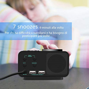 REACHER Radiosveglia Doppia Funzione Con Porte USB di Ricarica, 6 Differenti...