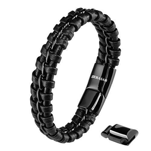 SERASAR | Bracciale in Pelle Premium per Uomo Nero |Serratura - Ilgrandebazar