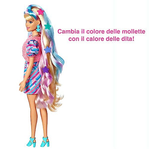 Barbie - Super Chioma Bambola con abito a stelle, capelli fantasia lunghi 21,6cm, 15 accessori alla moda - 8 con effetto cambia colore, Giocattolo per Bambini 3+ Anni, HCM88